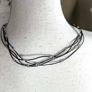 SILPADA Four Strand Black Leather Cord Necklace with Sterling Silver Beads EUC